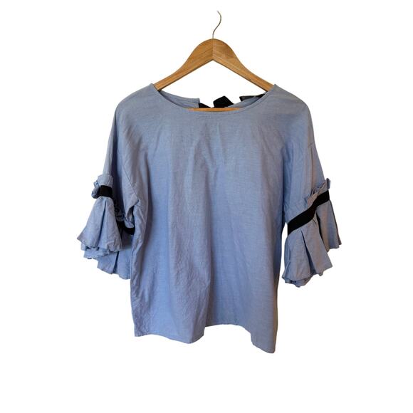 Chepe Bell Sleeve Self-Tie Bow Back Blouse 100% Cotton Blue Women's Size Medium - Picture 1 of 8